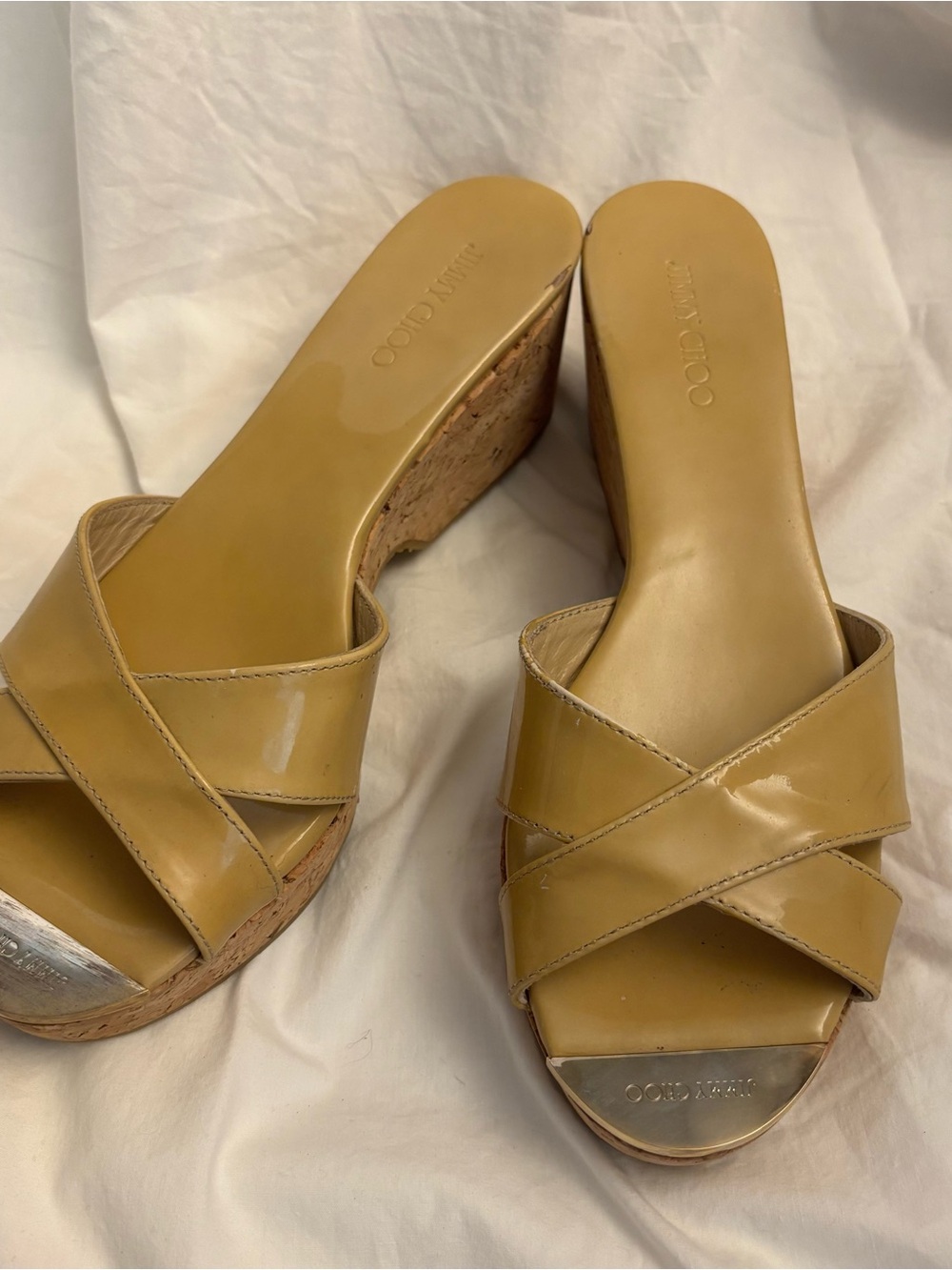 Jimmy Choo Yellow Patent Leather Cork Wedge Sandals